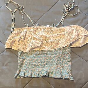 Floral Smocked Crop Top with Ruffle Detail